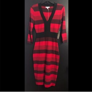 NY&Co 🔥 Red and Black Striped V‑Neck Midi Dress